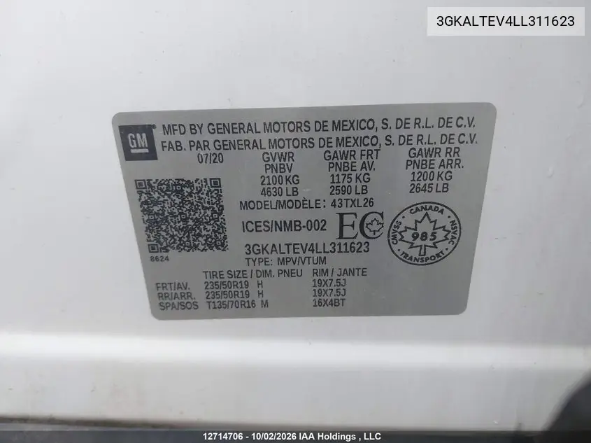 2020 GMC TERRAIN VIN 3GKALTEV4LL311623 — фото 9