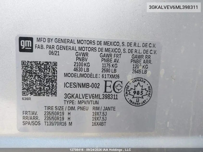 2021 GMC TERRAIN VIN 3GKALVEV6ML398311 — фото 19