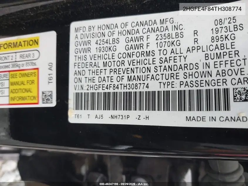 2026 HONDA CIVIC VIN 2HGFE4F84TH308774 — фото 9