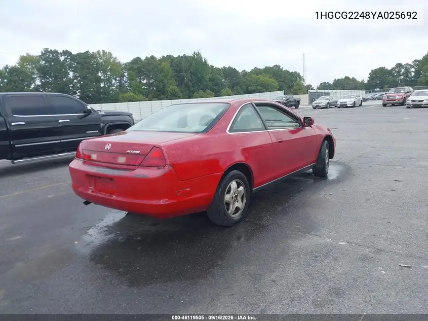 2000 HONDA ACCORD VIN 1HGCG2248YA025692 — фото 4