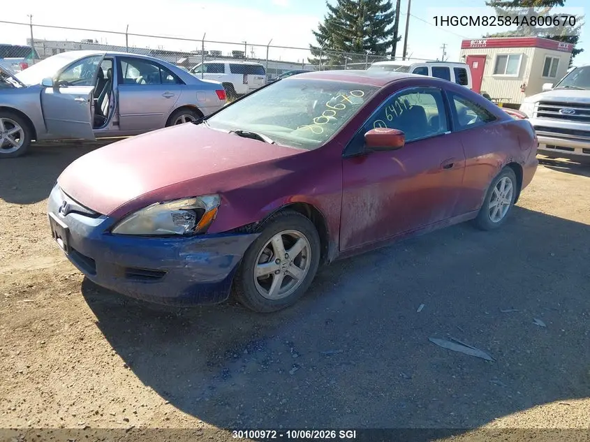 2004 HONDA ACCORD VIN 1HGCM82584A800670 — фото 2