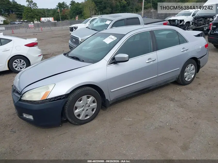 2004 HONDA ACCORD VIN 1HGCM56384A149242 — фото 2