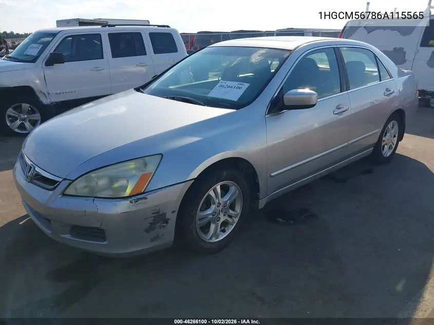 2006 HONDA ACCORD VIN 1HGCM56786A115565 — фото 2