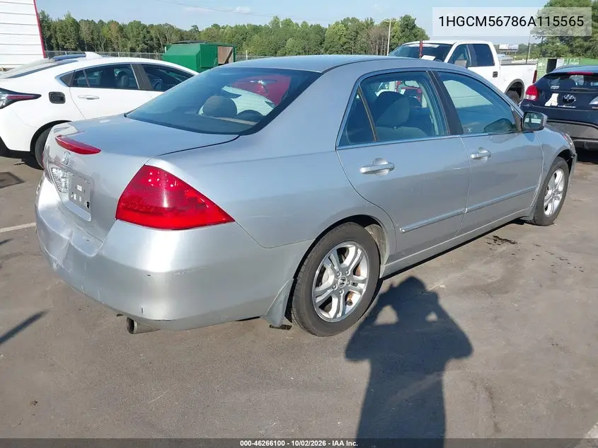 2006 HONDA ACCORD VIN 1HGCM56786A115565 — фото 4