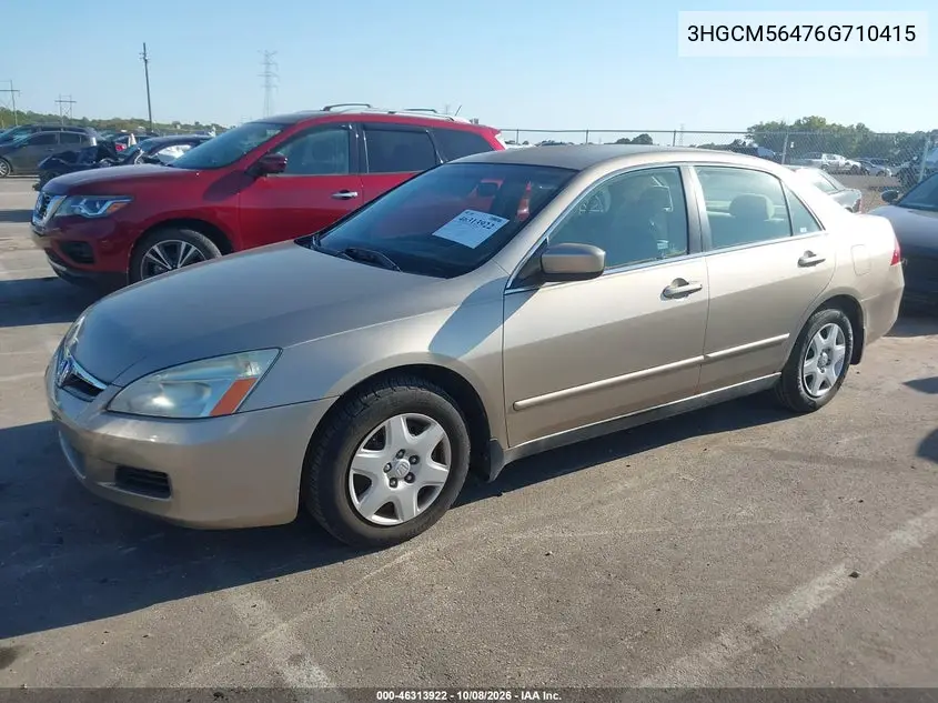 2006 HONDA ACCORD VIN 3HGCM56476G710415 — фото 2