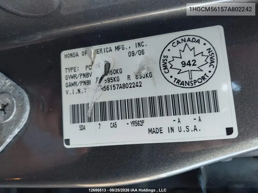 2007 HONDA ACCORD VIN 1HGCM56157A802242 — фото 9