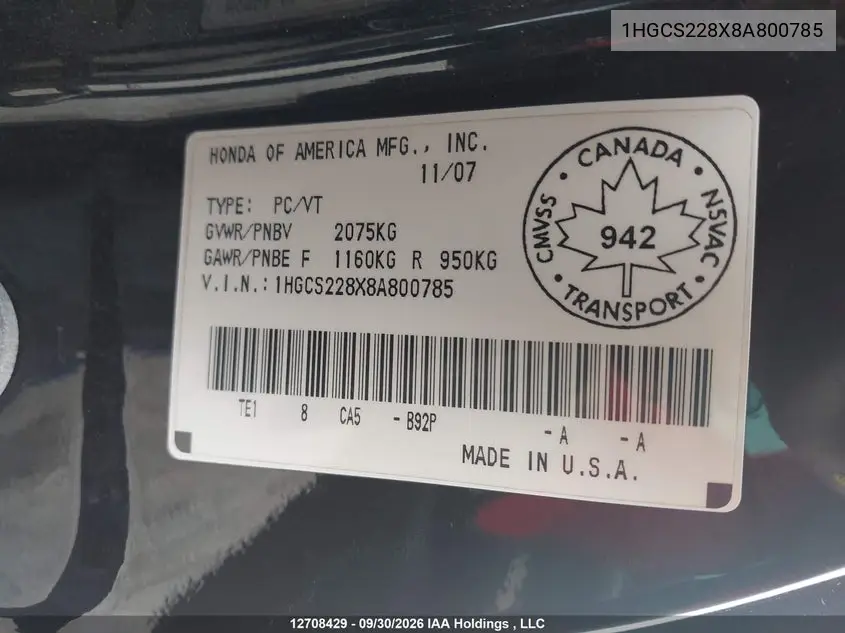 2008 HONDA ACCORD VIN 1HGCS228X8A800785 — фото 19