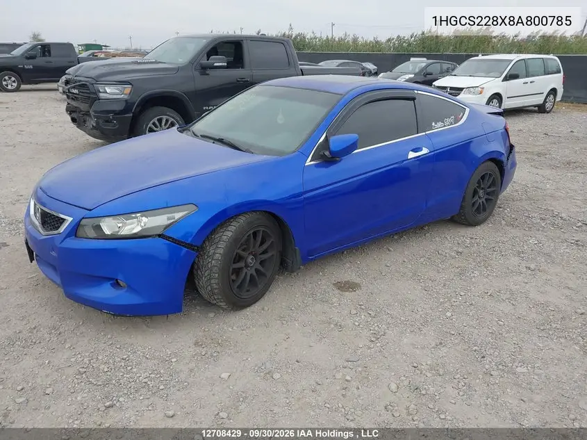 2008 HONDA ACCORD VIN 1HGCS228X8A800785 — фото 2