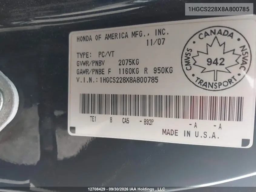2008 HONDA ACCORD VIN 1HGCS228X8A800785 — фото 9