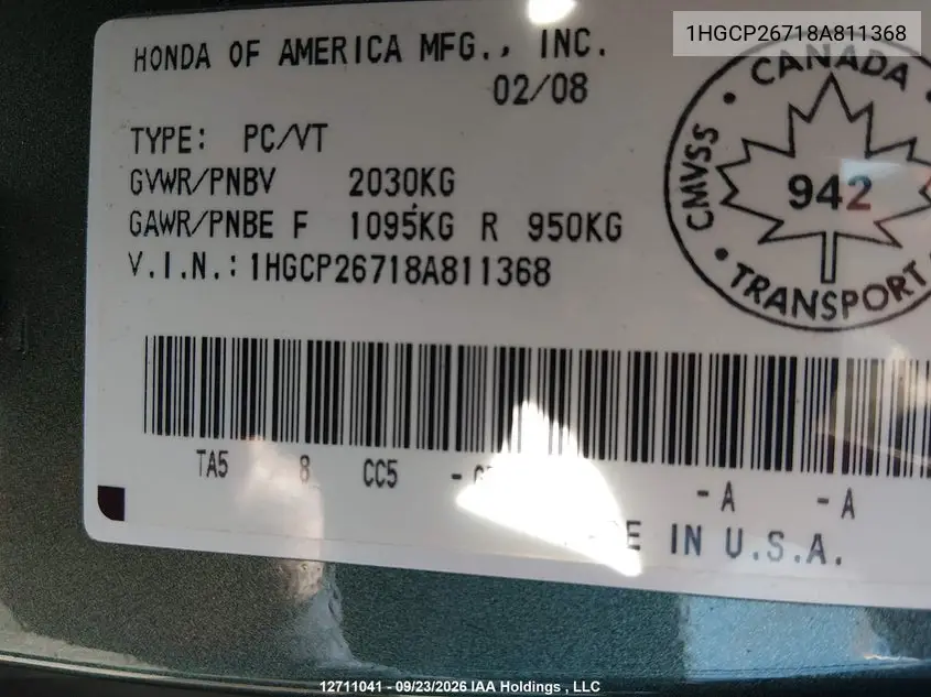 2008 HONDA ACCORD VIN 1HGCP26718A811368 — фото 18
