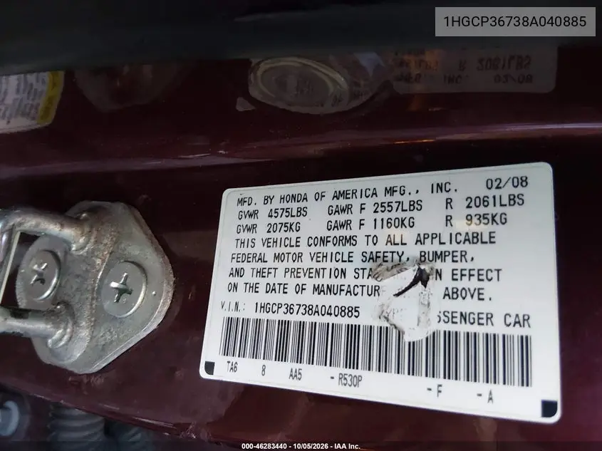 2008 HONDA ACCORD VIN 1HGCP36738A040885 — фото 9