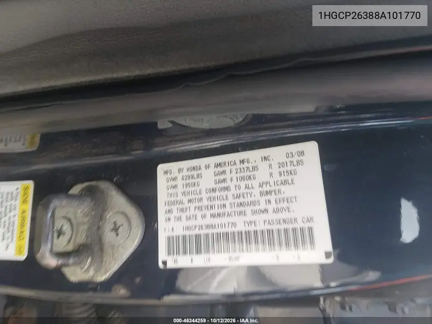 2008 HONDA ACCORD VIN 1HGCP26388A101770 — фото 9