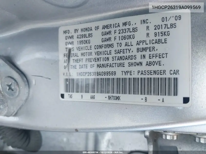 2009 HONDA ACCORD VIN 1HGCP26319A099569 — фото 9