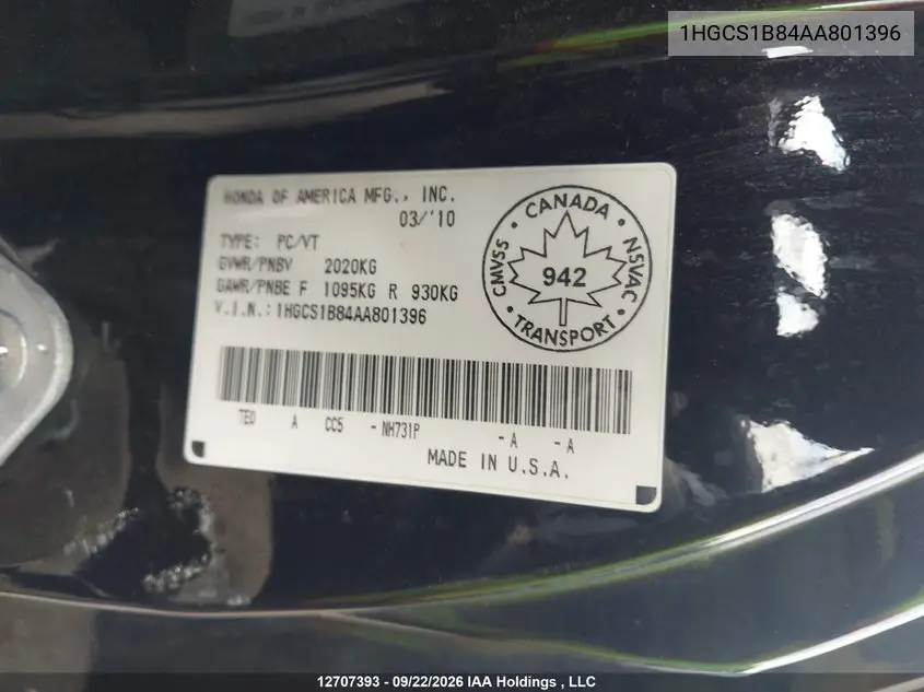 2010 HONDA ACCORD VIN 1HGCS1B84AA801396 — фото 9