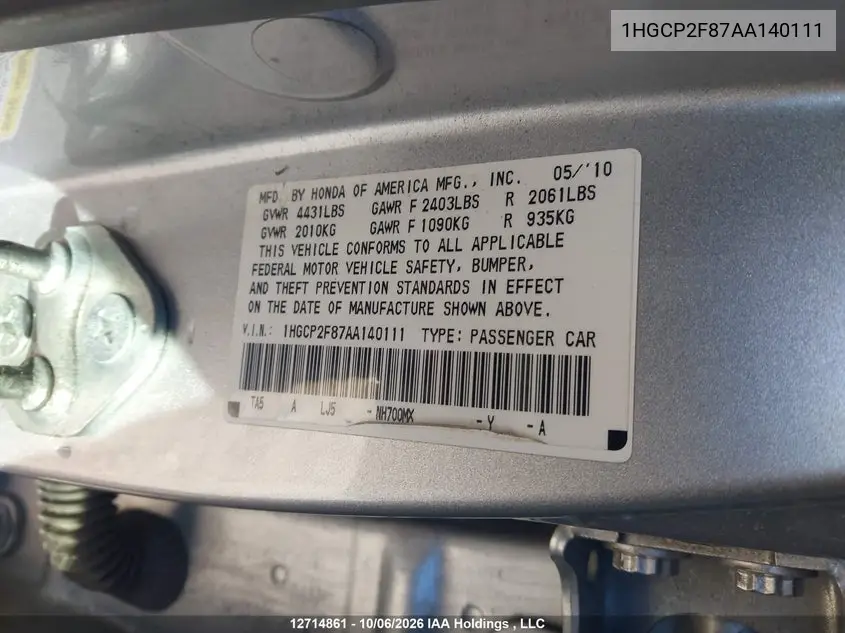 2010 HONDA ACCORD VIN 1HGCP2F87AA140111 — фото 9