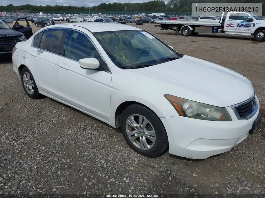 HONDA ACCORD 2010, VIN 1HGCP2F43AA136215