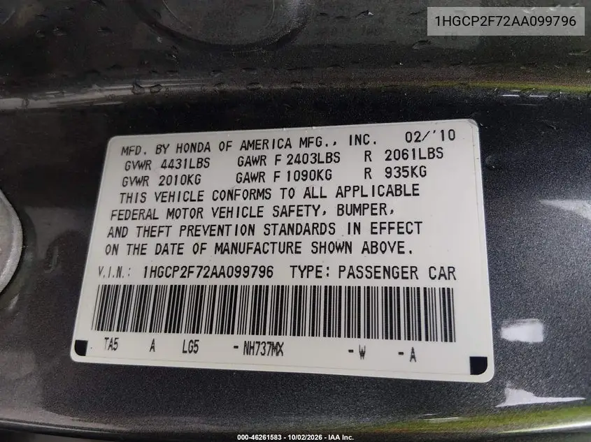 2010 HONDA ACCORD VIN 1HGCP2F72AA099796 — фото 9