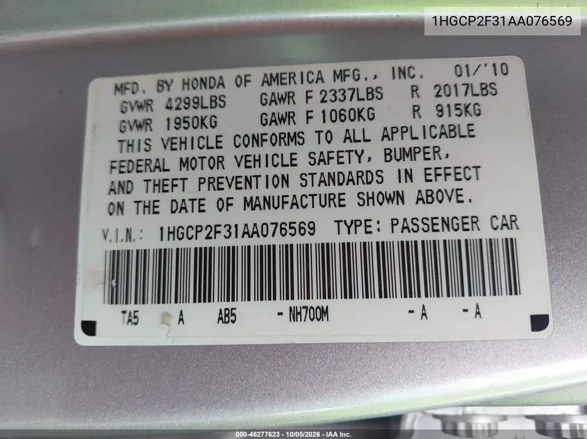 2010 HONDA ACCORD VIN 1HGCP2F31AA076569 — фото 9
