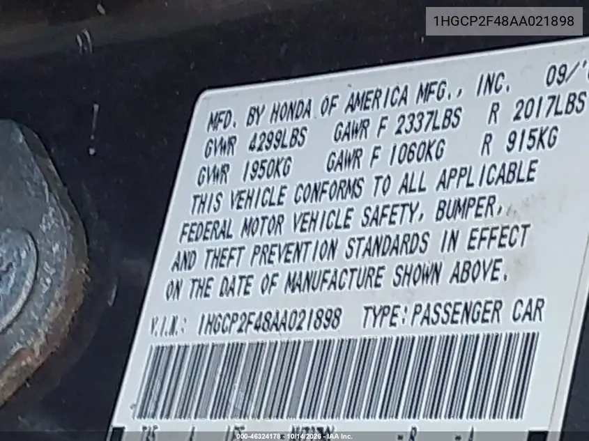 2010 HONDA ACCORD VIN 1HGCP2F48AA021898 — фото 9