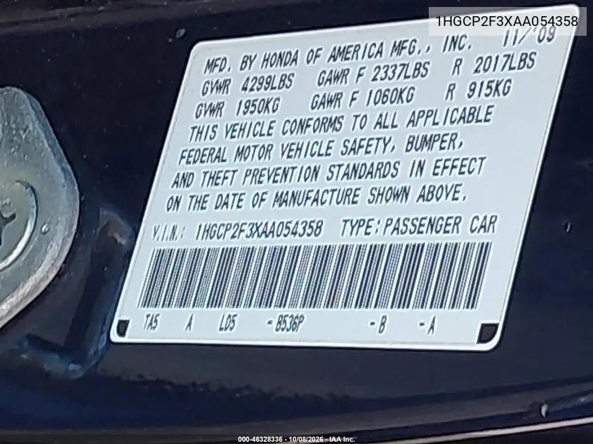 2010 HONDA ACCORD VIN 1HGCP2F3XAA054358 — фото 9