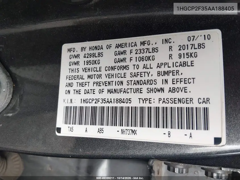 2010 HONDA ACCORD VIN 1HGCP2F35AA188405 — фото 9
