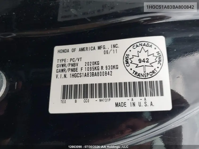 2011 HONDA ACCORD VIN 1HGCS1A83BA800842 — фото 18