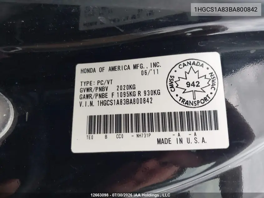 2011 HONDA ACCORD VIN 1HGCS1A83BA800842 — фото 9