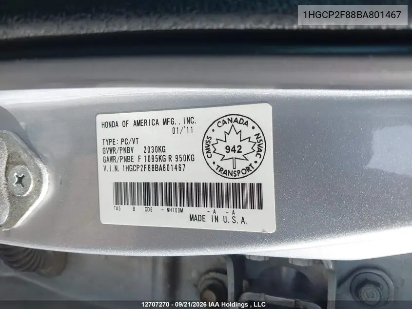 2011 HONDA ACCORD VIN 1HGCP2F88BA801467 — фото 9