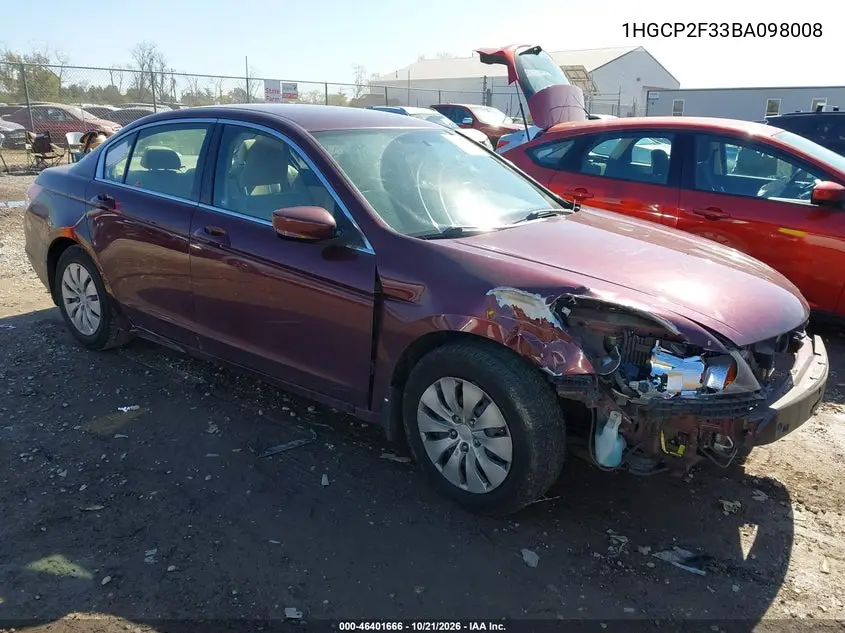 HONDA ACCORD 2011, VIN 1HGCP2F33BA098008