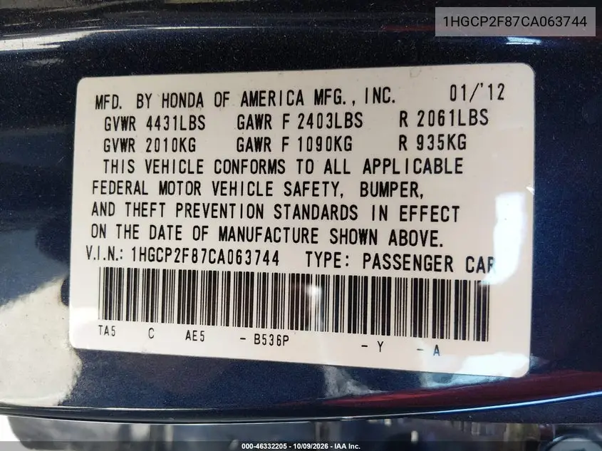 2012 HONDA ACCORD VIN 1HGCP2F87CA063744 — фото 9