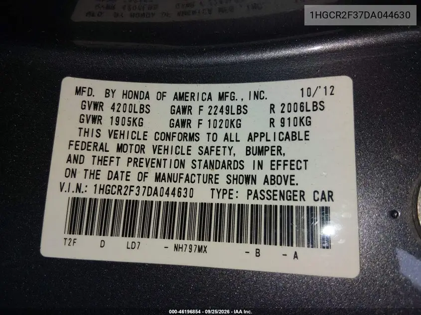 2013 HONDA ACCORD VIN 1HGCR2F37DA044630 — фото 13