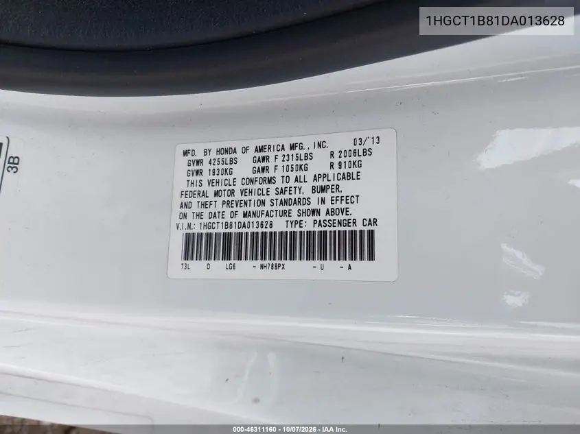 2013 HONDA ACCORD VIN 1HGCT1B81DA013628 — фото 9