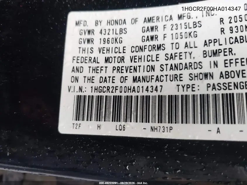 2017 HONDA ACCORD VIN 1HGCR2F00HA014347 — фото 9