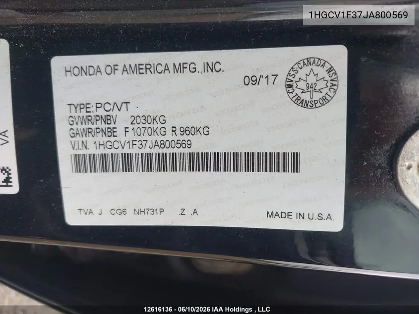 2018 HONDA ACCORD VIN 1HGCV1F37JA800569 — фото 9
