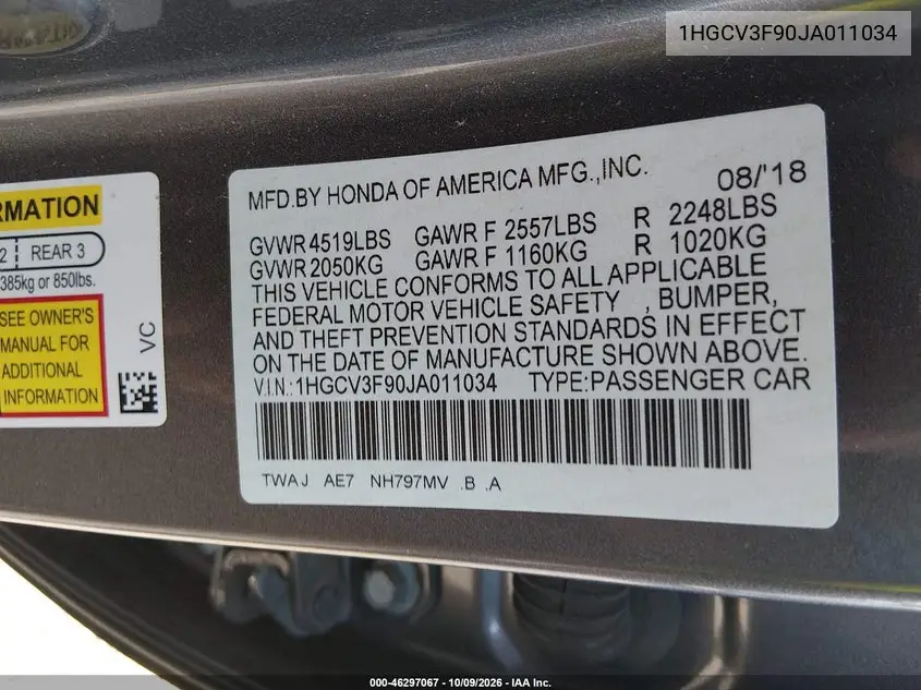 2018 HONDA ACCORD VIN 1HGCV3F90JA011034 — фото 9