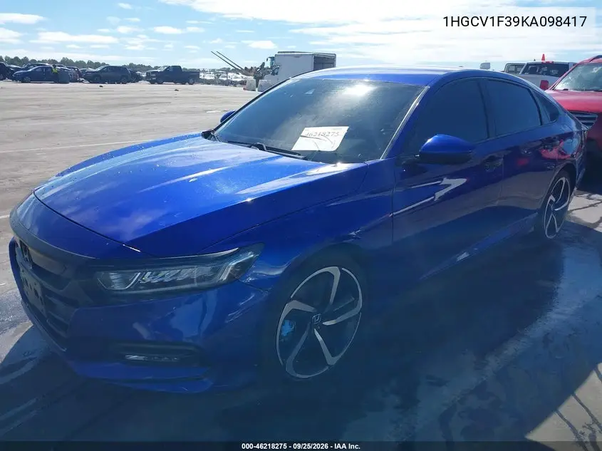 2019 HONDA ACCORD VIN 1HGCV1F39KA098417 — фото 2