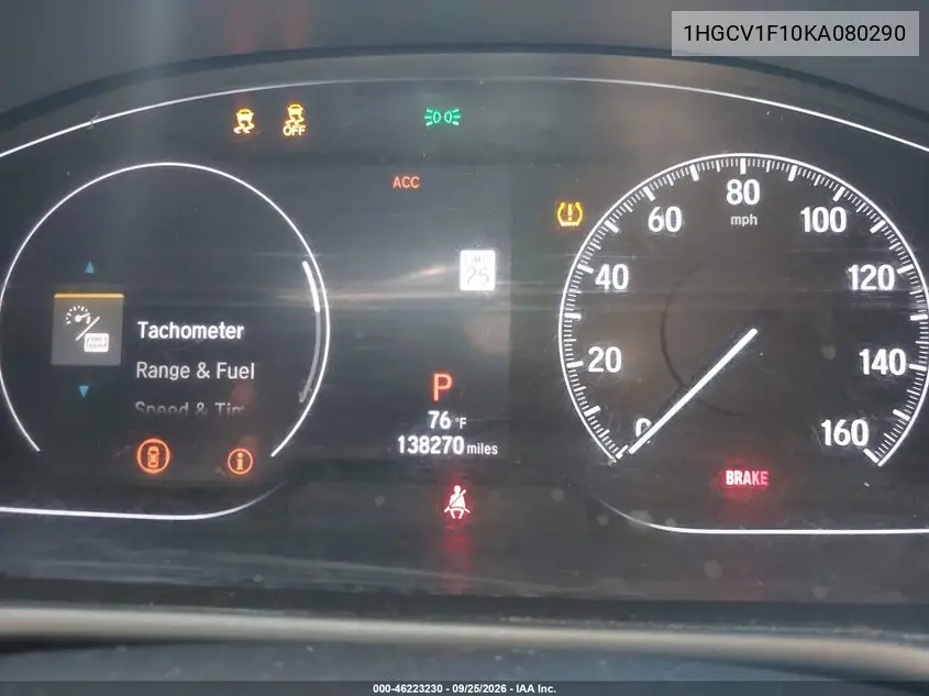 2019 HONDA ACCORD VIN 1HGCV1F10KA080290 — фото 7
