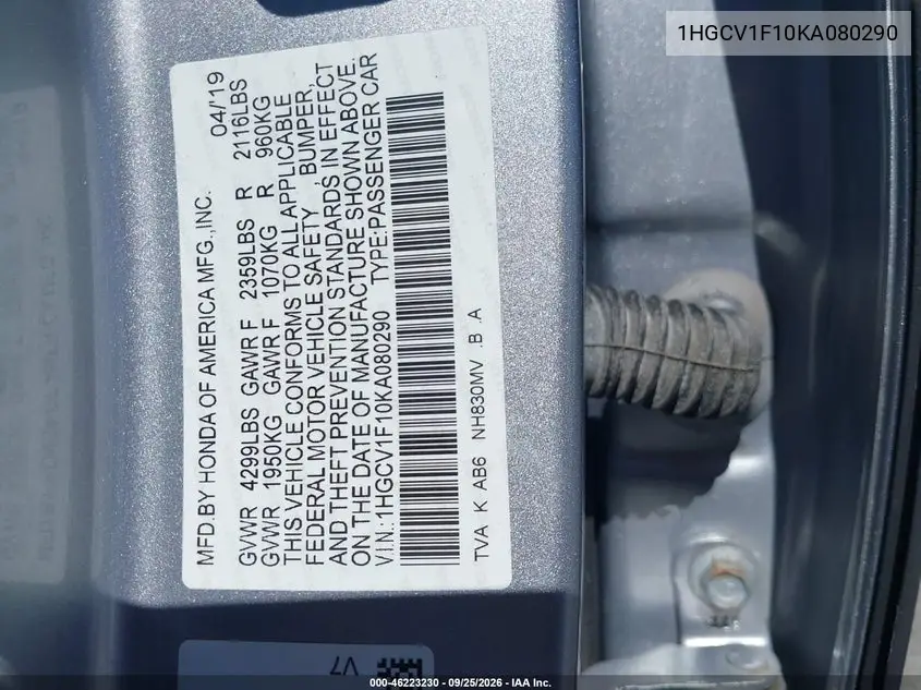 2019 HONDA ACCORD VIN 1HGCV1F10KA080290 — фото 9