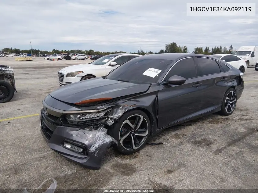2019 HONDA ACCORD VIN 1HGCV1F34KA092119 — фото 2