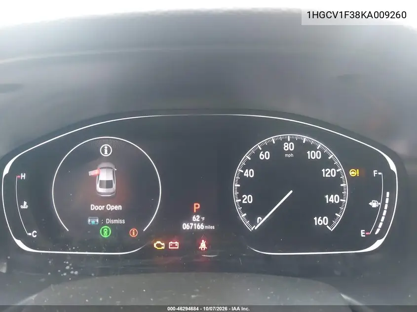 2019 HONDA ACCORD VIN 1HGCV1F38KA009260 — фото 7