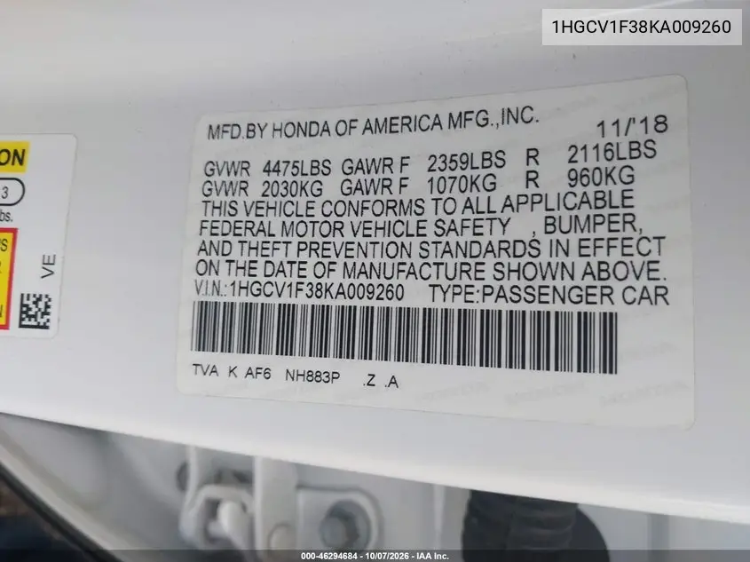 2019 HONDA ACCORD VIN 1HGCV1F38KA009260 — фото 9