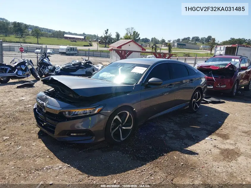2019 HONDA ACCORD VIN 1HGCV2F32KA031485 — фото 2