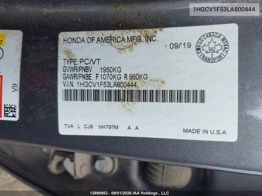 2020 HONDA ACCORD VIN 1HGCV1F53LA800444 — фото 9