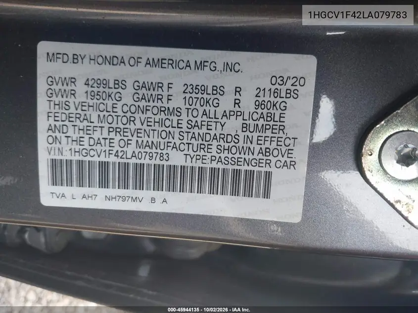2020 HONDA ACCORD VIN 1HGCV1F42LA079783 — фото 9