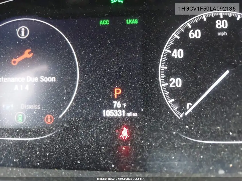 2020 HONDA ACCORD VIN 1HGCV1F50LA092136 — фото 7
