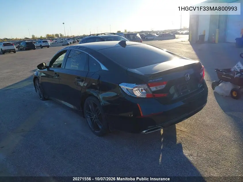 2021 HONDA ACCORD VIN 1HGCV1F33MA800993 — фото 3
