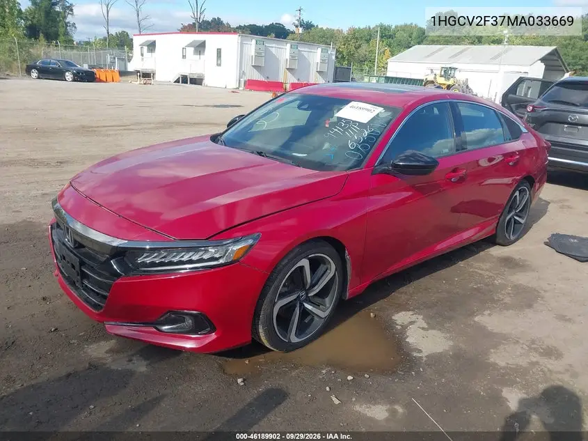 2021 HONDA ACCORD VIN 1HGCV2F37MA033669 — фото 2