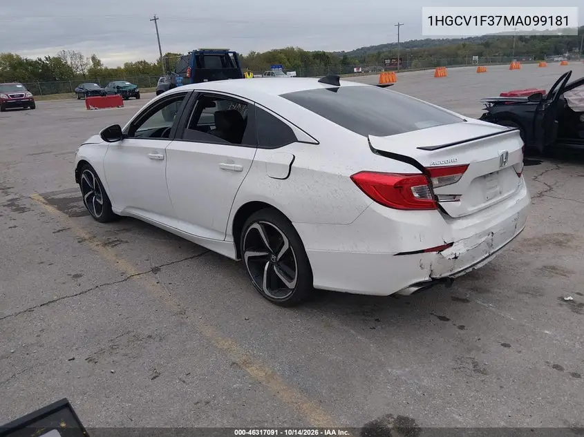 2021 HONDA ACCORD VIN 1HGCV1F37MA099181 — фото 3