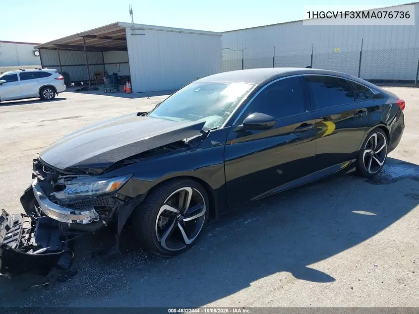 2021 HONDA ACCORD VIN 1HGCV1F3XMA076736 — фото 2