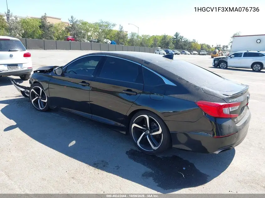 2021 HONDA ACCORD VIN 1HGCV1F3XMA076736 — фото 3